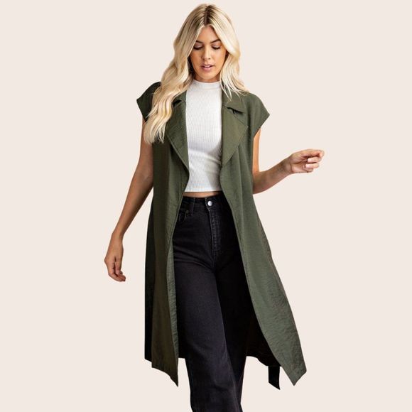 Long Sleeveless Open Front Vest with Belt & Pockets - Picture 4 of 6